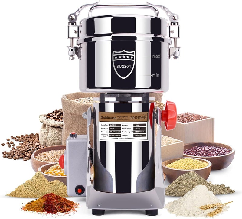 GOLDTOUCH 750g Grain Mill Grinder 2800W Electric Stainless Steel Grain Grinder High-Speed Pulverizer Powder Machine for Dry Wheat, Oats, Corn, Pepper and Coffee Beans (750g Swing Type) - Image 1